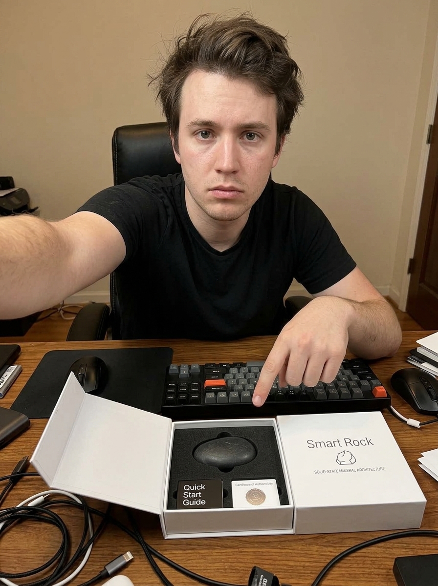 Customer with Smart Rock at desk
